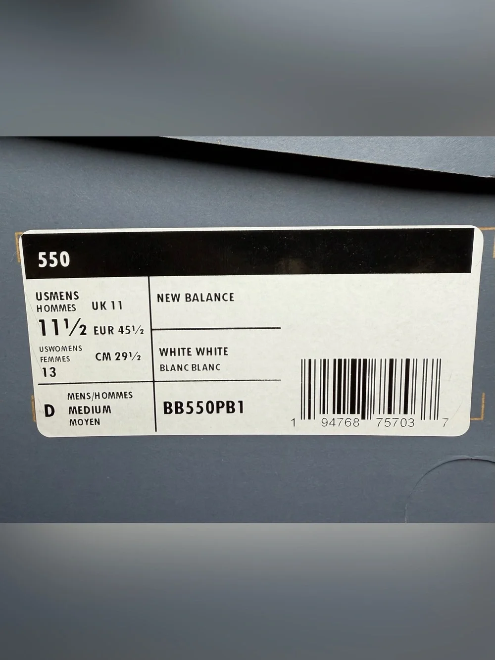 NIB New Balance 550 Men’s Size 11.5 White BB550PB1 Basketball Sneaker Shoes NWT